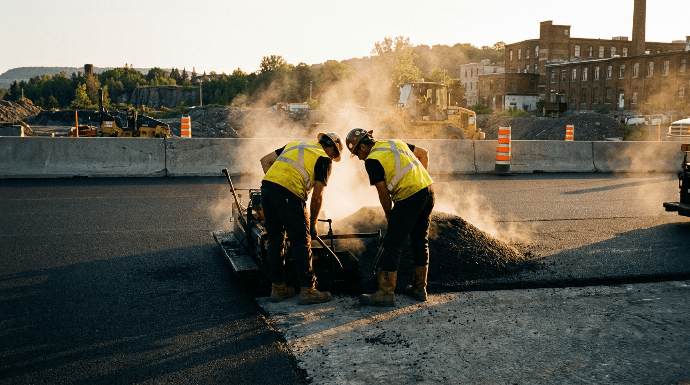 Équipe Pavage Préfontaine sur un chantier d'asphalte à l'heure dorée